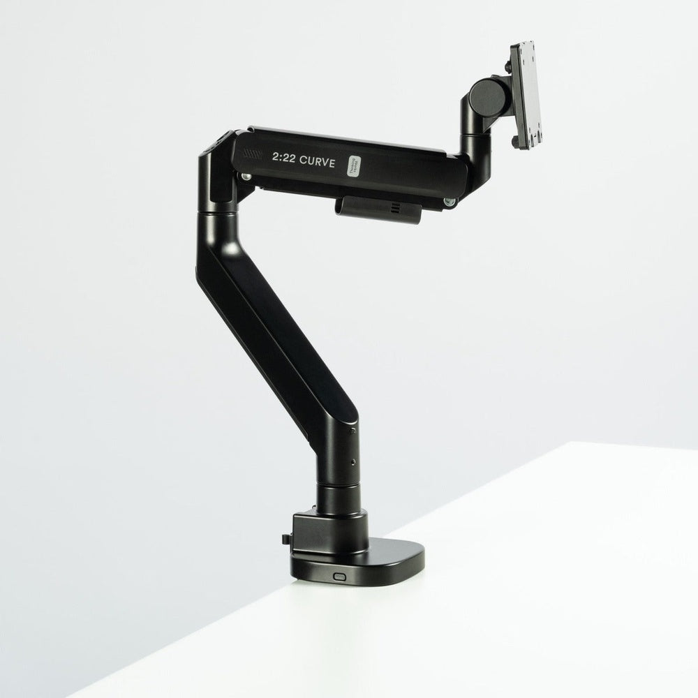Thinking Works 2:22 Curve single monitor arm in matte black, side view showing arm extension