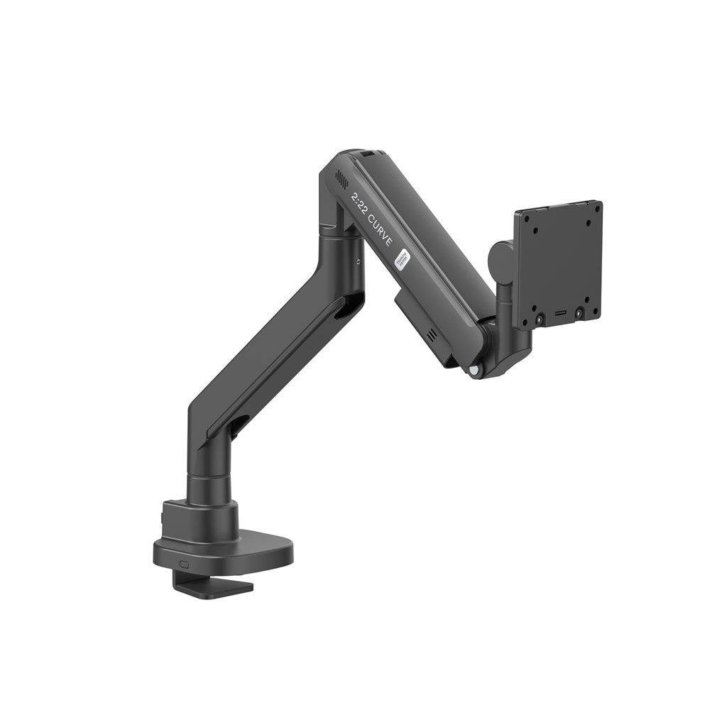 Thinking Works 2:22 Curve single monitor arm in matte black, side view showing arm extension