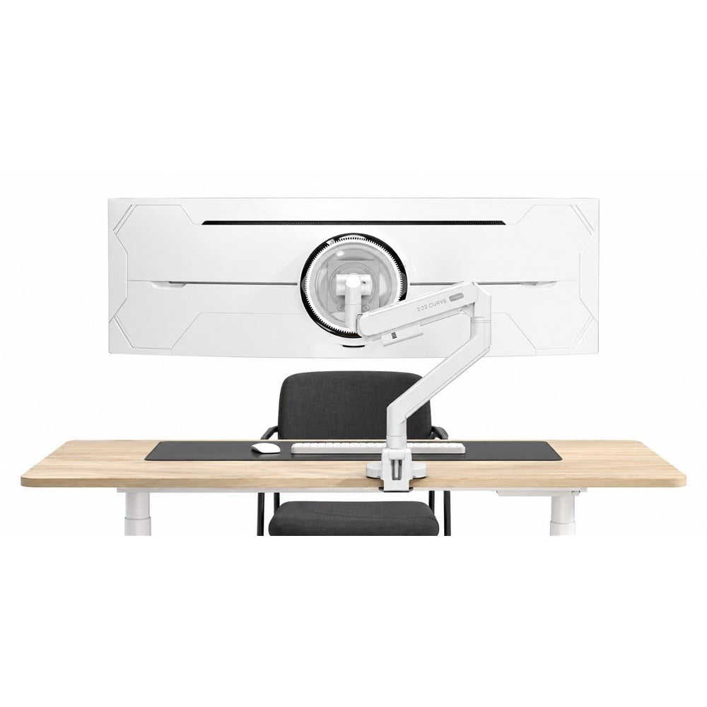 Thinking Works 2:22 Curve single monitor arm in matte black with a monitor fitted, front three-quarter view