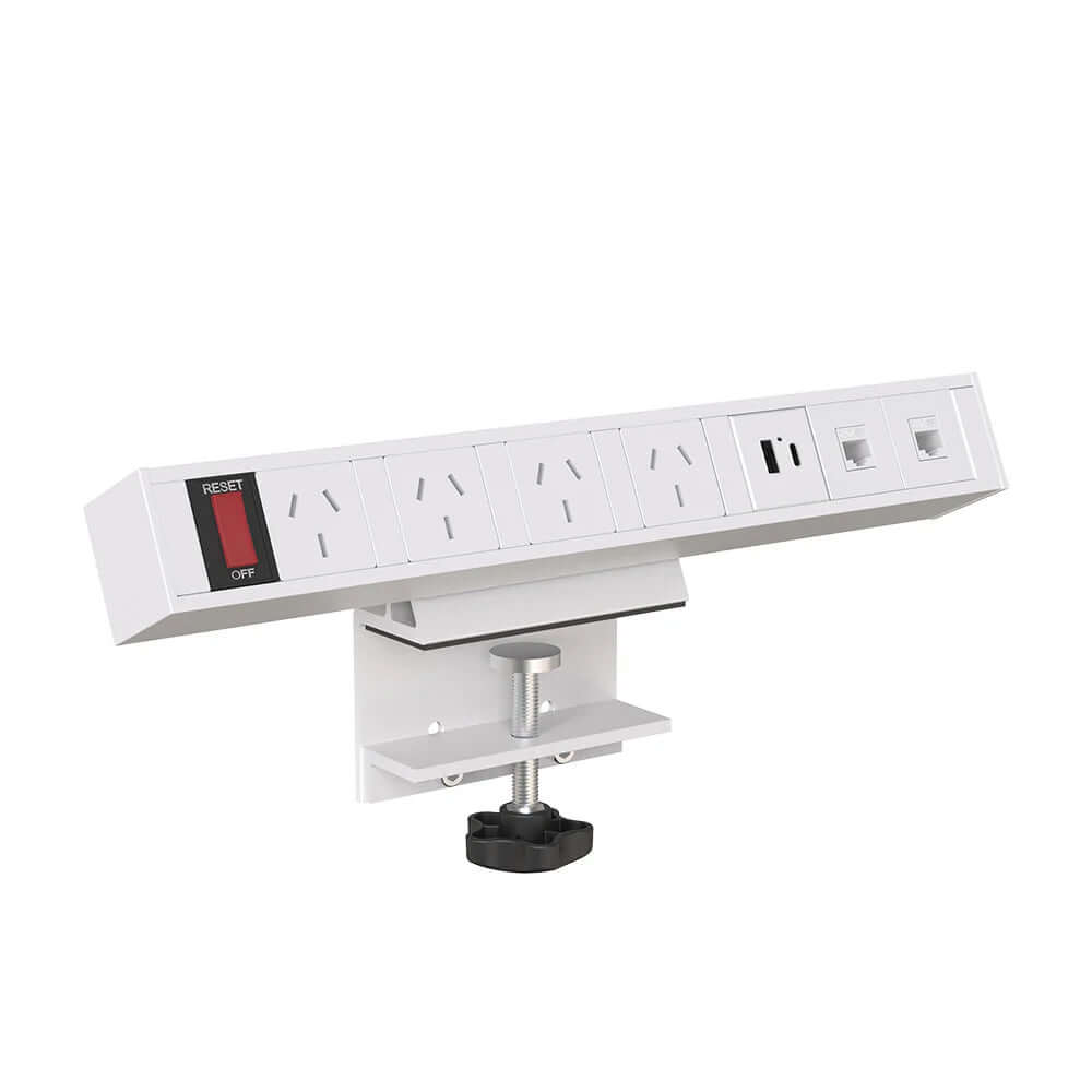 Desktop Power Board with 4 power points, 2 data ports, USB A/C, and lighted switch for easy access.