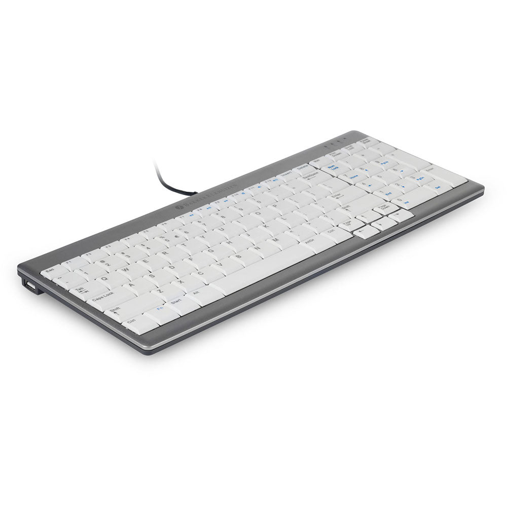 UltraBoard 960 standard keyboard, grey and white, three-quarter studio view.